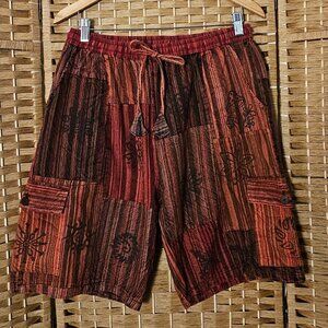 Wevez Red Patchwork Cotton Boho Shorts OS